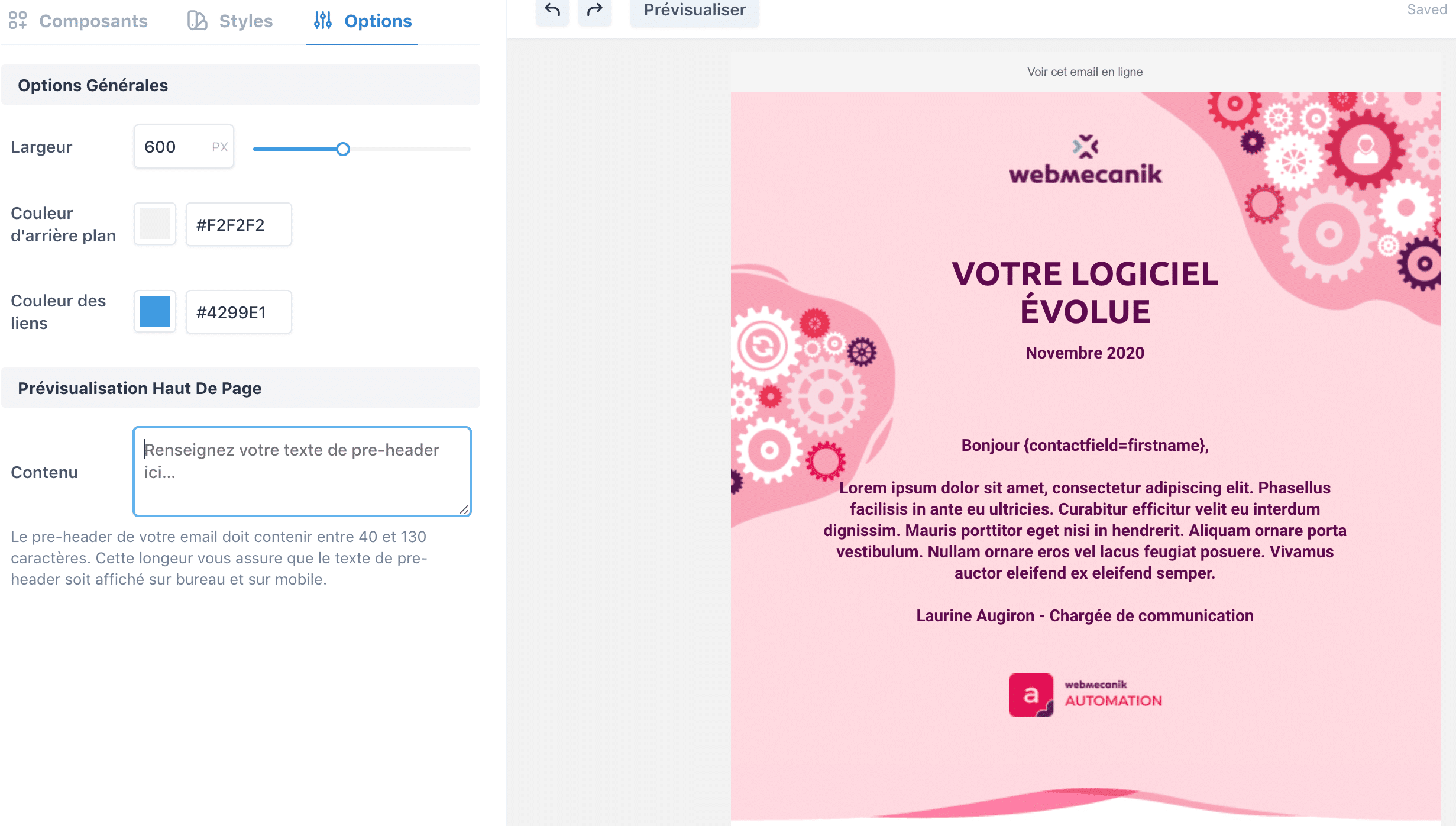 les fonctionnalités de l'éditeur d'email de webmecanik